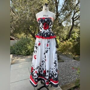 Victor Costa Strapless Floral Peplum Maxi Dress in White, Black & Red